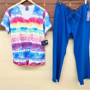 Only Wore Once Blue Print Scrubs Set With XL Top & HeartSoul XL Petite Pants
